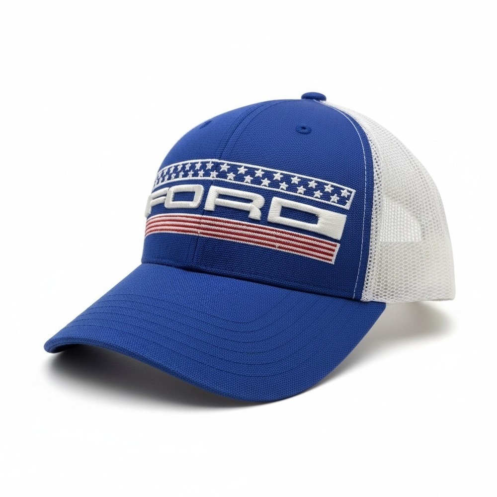 Ford Motor Company Royal Blue White Mesh Trucker Hat Snapback Stars Stripes Logo